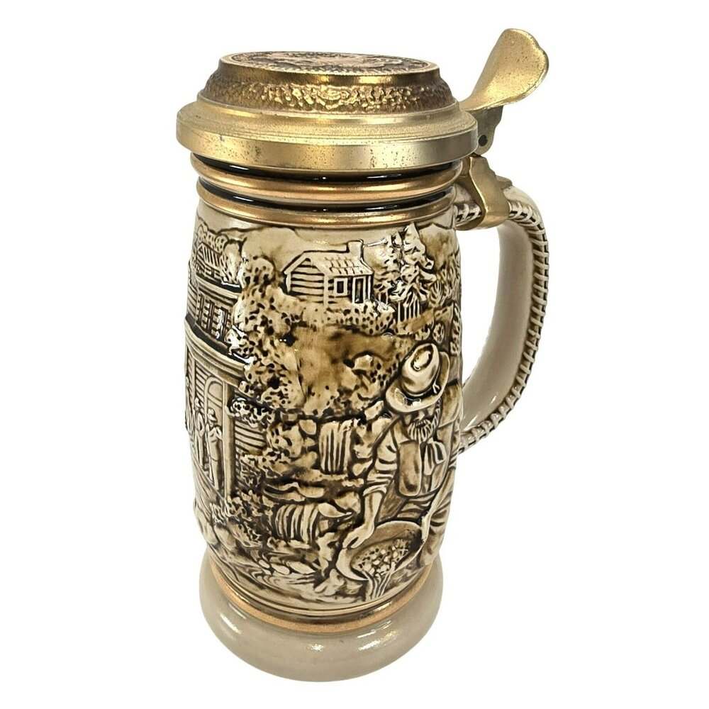 The Gold Rush Avon Ceramic Beer Stein With Brass Lid 9"  1987 JE379